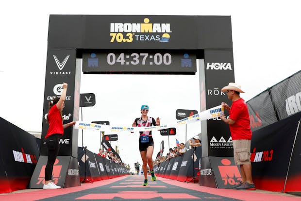 GALVESTON, TEXAS - APRIL 02: Deborah Eckhouse celebrates at IRONMAN 70.3. (Photo by Patrick McDermott/Getty Images for IRONMAN)