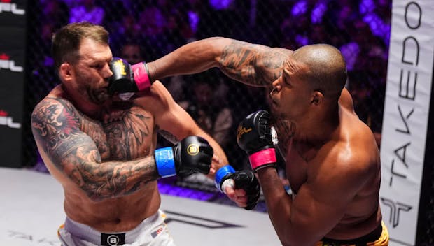 RIYADH, SAUDI ARABIA - FEBRUARY 25: Renan Ferreira throws a punch against Ryan Bader during the 2024 PFL vs Bellator: Champs event at Kingdom Arena on February 25, 2024 in Riyadh. (Photo by Cooper Neill/Getty Images)